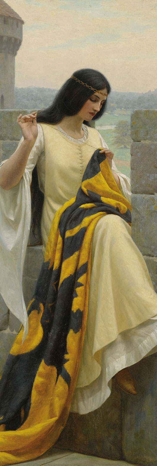 A lady prepares for a knight to go to war in ‘Stitching the Standard’ by Edmund Blair Leighton (1911).