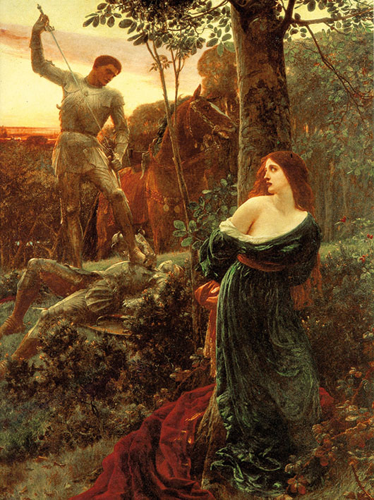Depiction of a damsel in distress in ‘Chivalry’ by Frank Bernard Dicksee (1885).